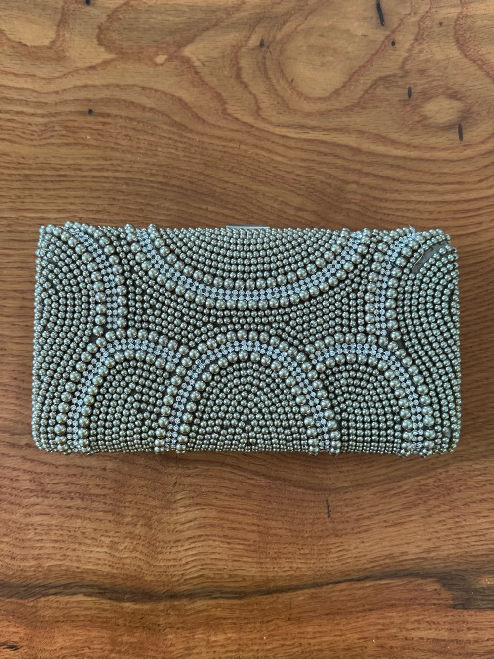 Beaded Pearls/Crystal Metallic Evening Clutch Satin Back Gold - missing beads